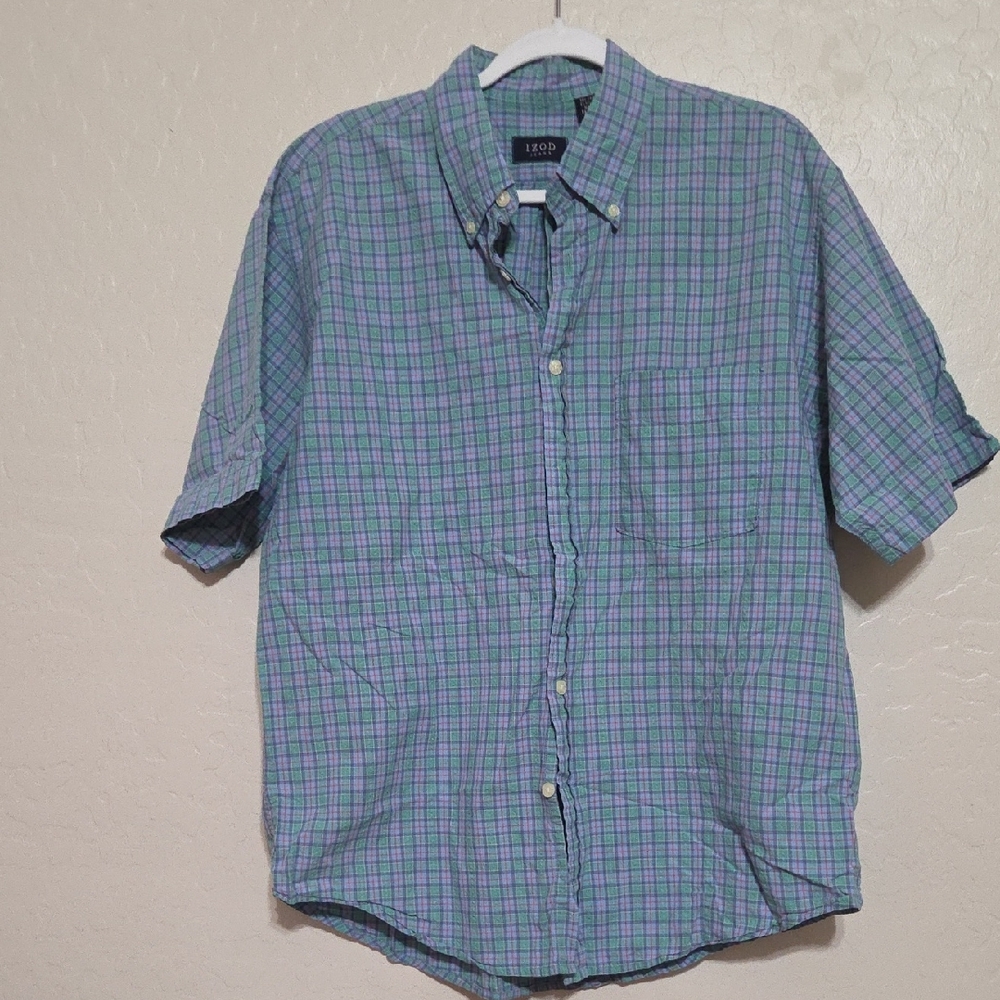 Izod Short-Sleeve Plaid Button-Down Shirt — Light Blue and Green